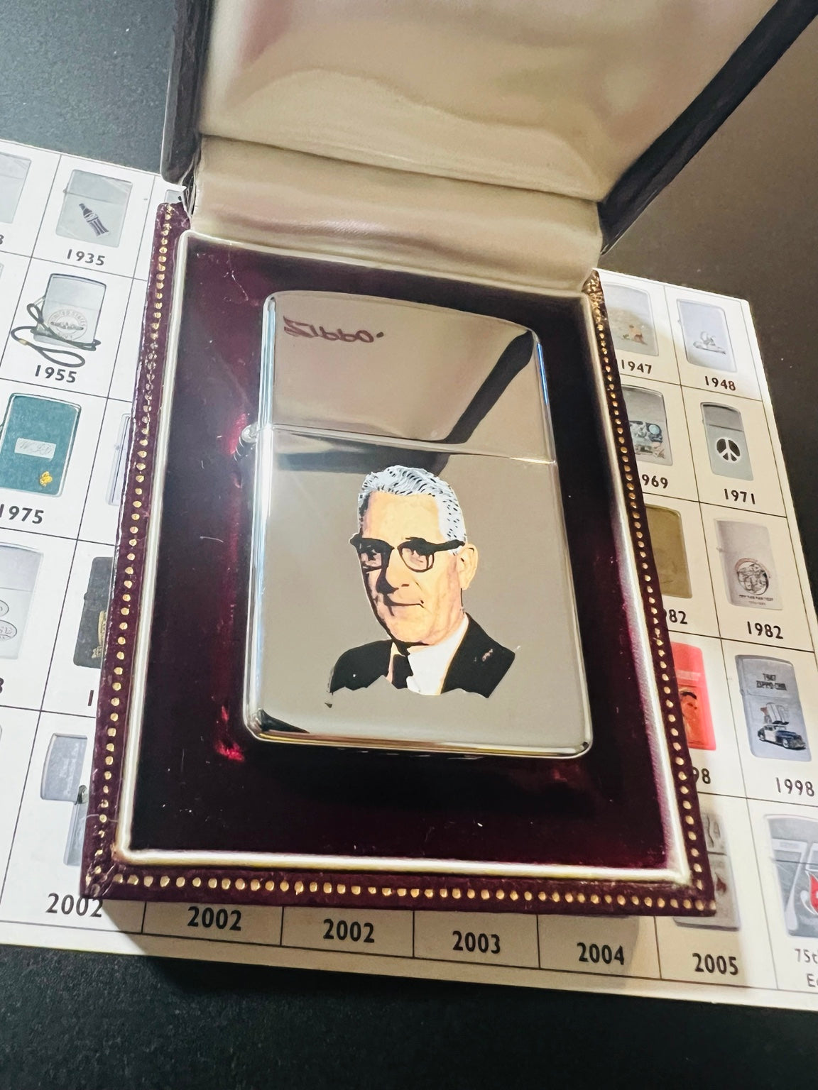 1968 Lester Flickinger portrait Zippo in burgundy presentation case