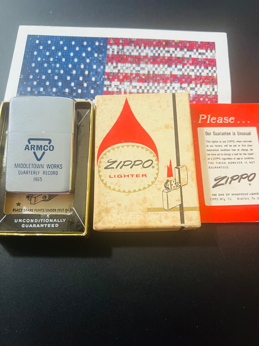 1965 Zippo Armco Middletown Works Quarterly Record – Mint 97 – Unfired – Box & Paperwork