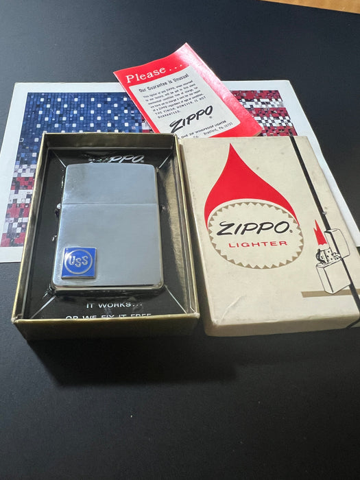 1967 Double-Sided US Steel Emblem Vintage Zippo Lighter w Red Felt Insert