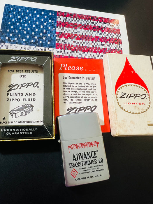 1962 Zippo Advance Transformer Co. Advertising Lighter – Mint 99 – Box & Paperwork