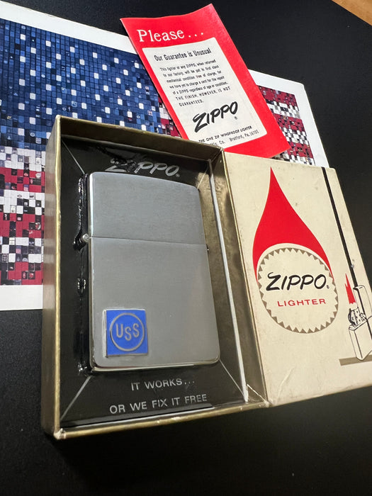 1967 Double-Sided US Steel Emblem Vintage Zippo Lighter w Red Felt Insert