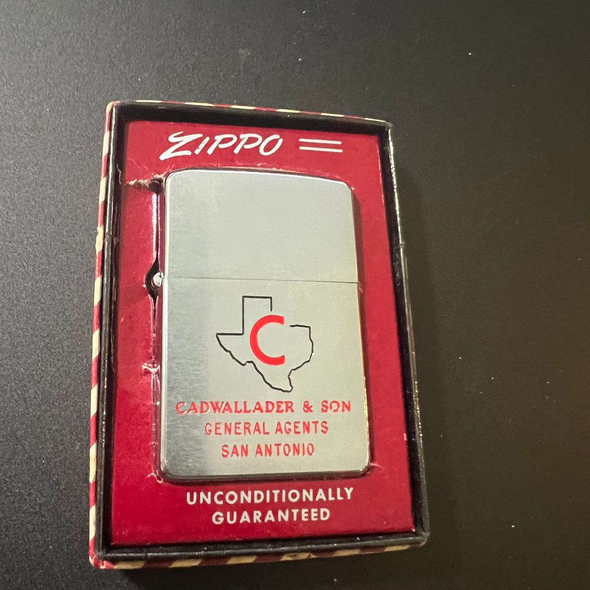 1956 Red Candy Stripe Cadwallader Zippo lighter New in Box