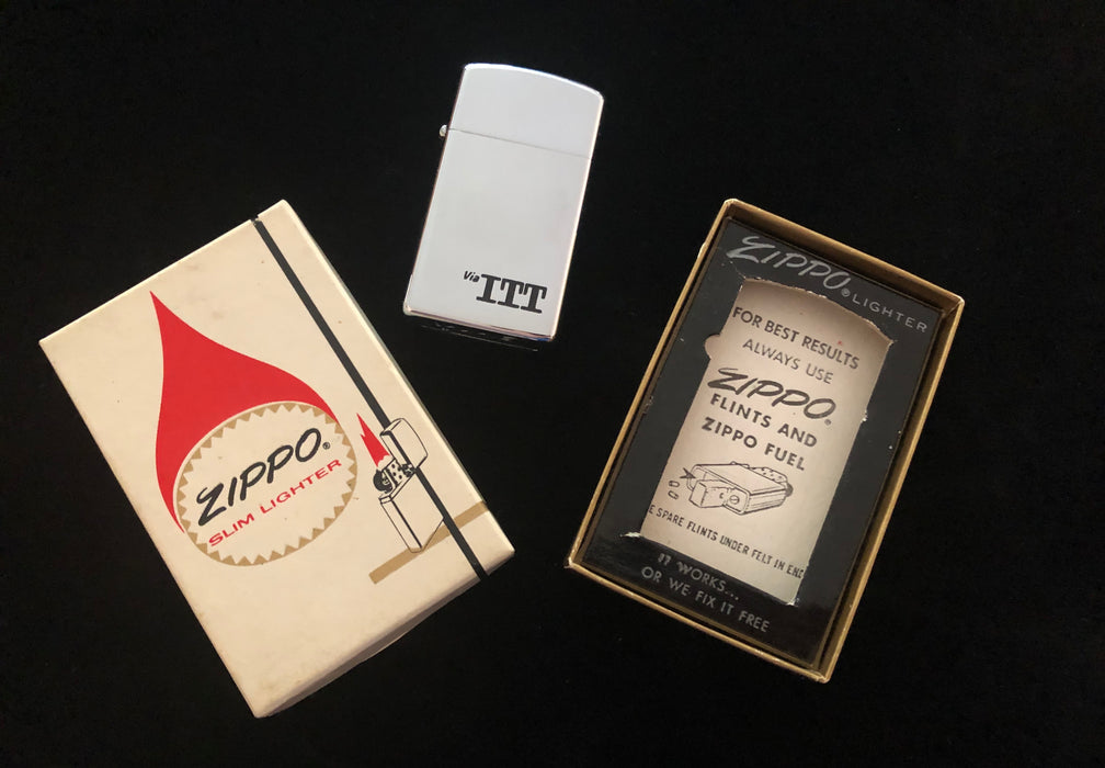 1973 Mint in Box ITT Zippo Advertiser  Slim Lighter