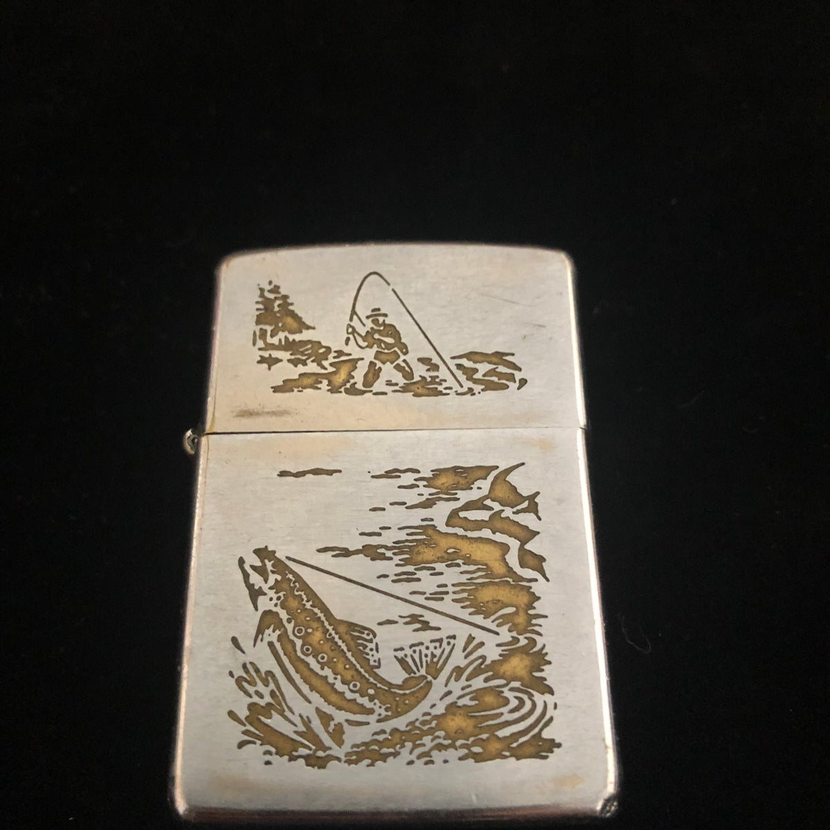 1968 Fisherman Double-Sided Vintage Zippo Lighter - w Custom Emblem Attached