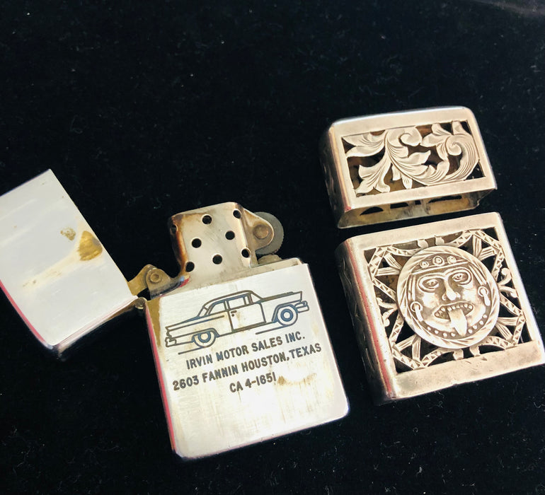 Sterling Silver Aztec Sun God Zippo Case w 1957 Lighter — Collectors Flame
