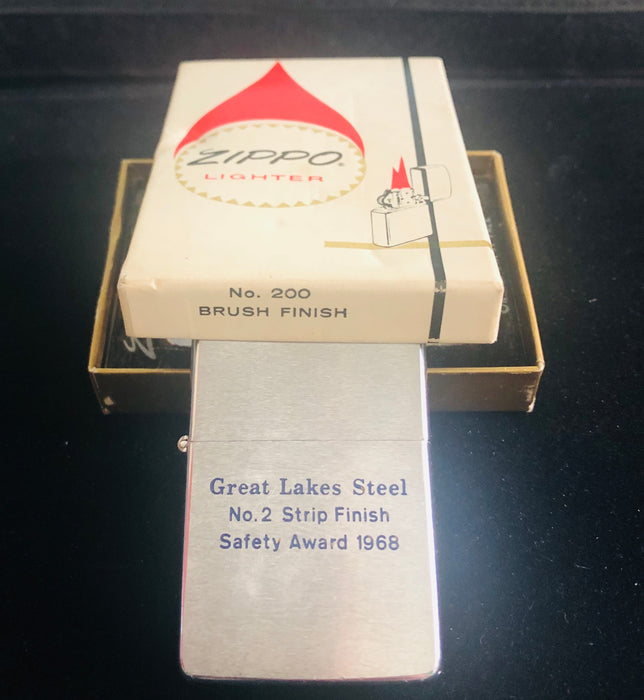 1968 Great Lakes Steel Safety Award Brushed Chrome Vintage Zippo Lighter - NOS