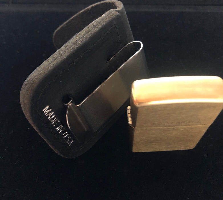 1998 Solid Brass Zippo Lighter w Period Leather Case w Belt Clip