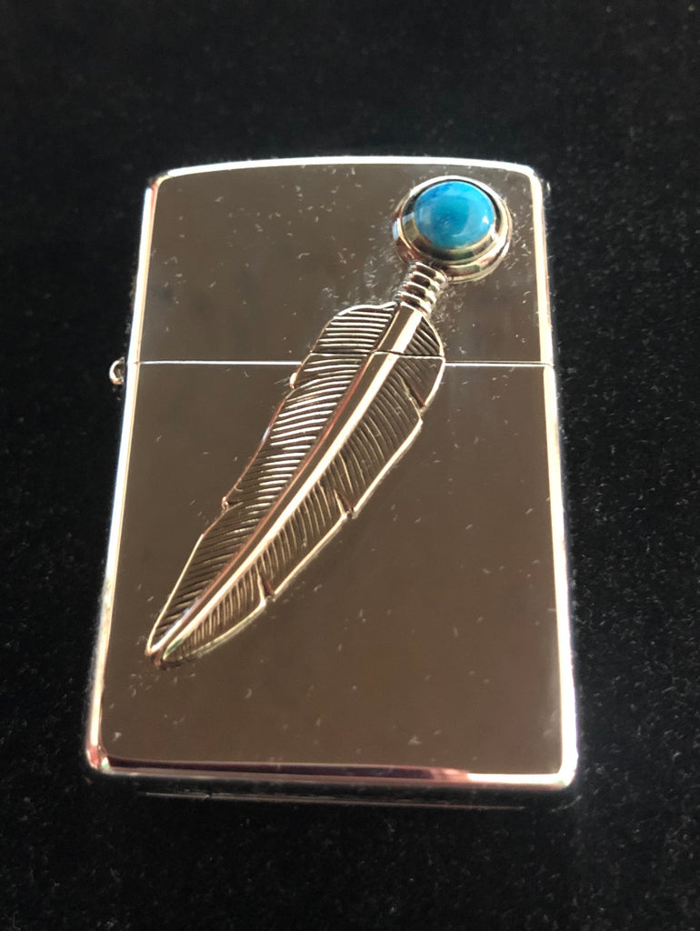 2000 High Polish Native American Feather Zippo Lighter w Turquoise