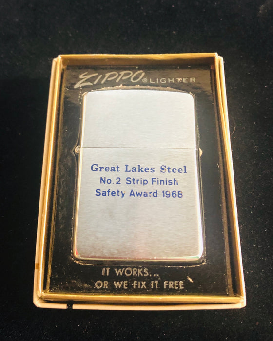 1968 Great Lakes Steel Safety Award Brushed Chrome Vintage Zippo Lighter - NOS