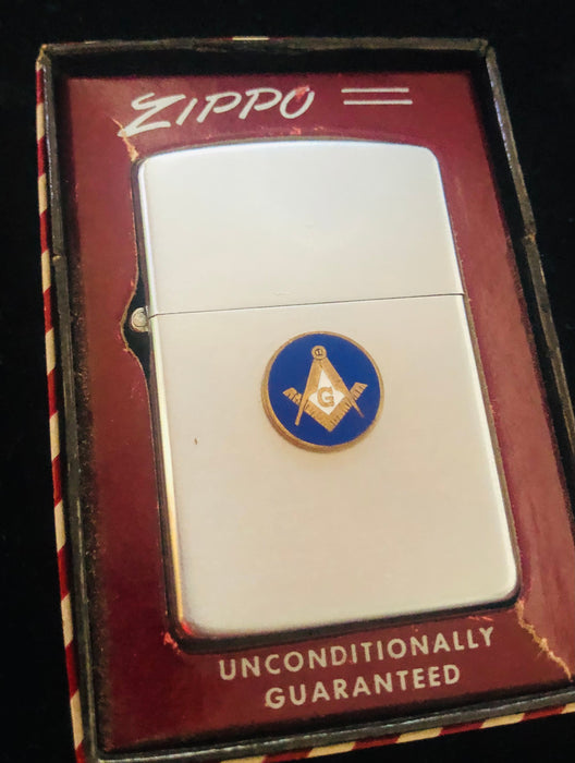 1951 Vintage Masonic Zippo Lighter w Affixed Emblem - Steel Case Nickel Insert