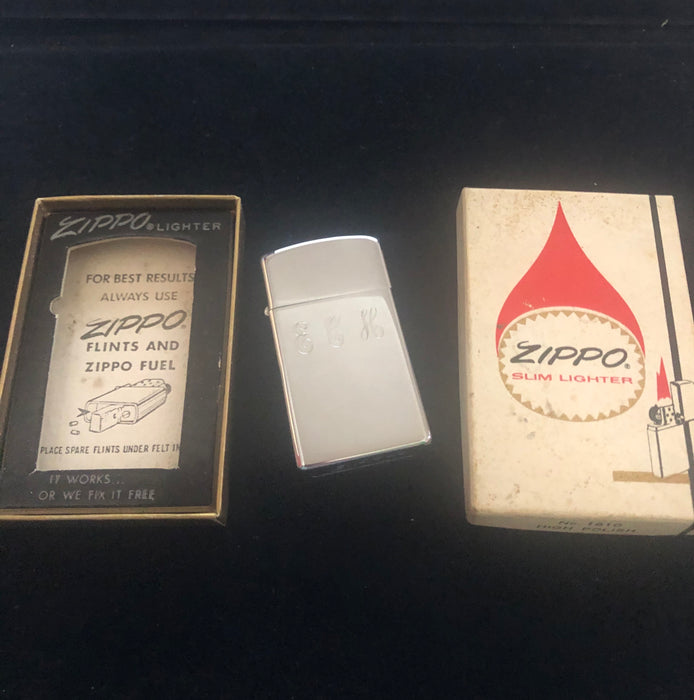 1973 High Polish Slim Monogrammed Zippo Lighter in Box