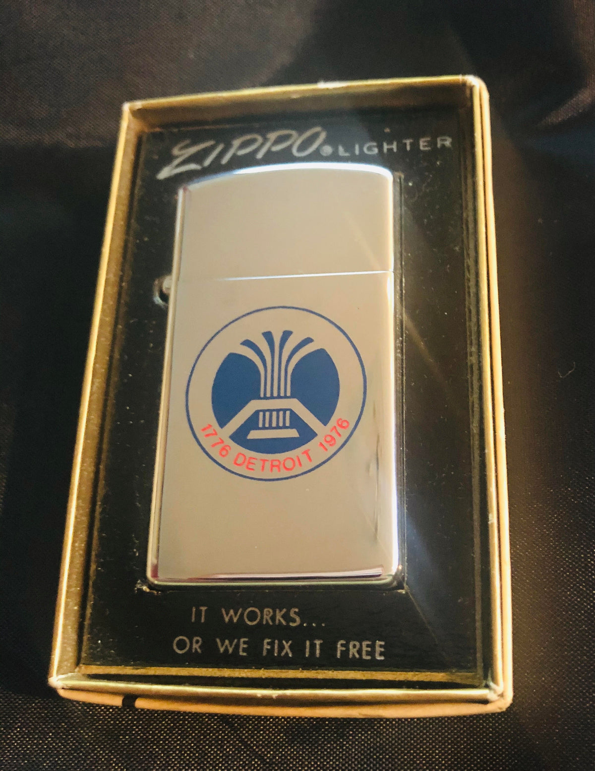 1975 Detroit Bi-Centennial Mint in Box Slim Zippo Lighter